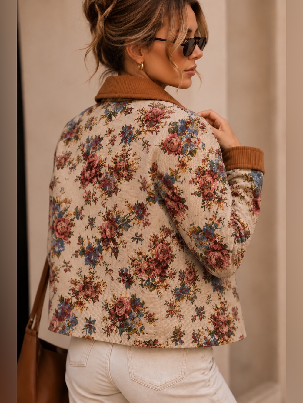 Avec Les Filles Beige Floral Utility Jacket with Rust Corduroy Trim S - Picture 11 of 11